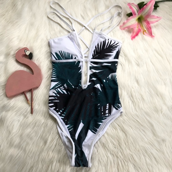 Palm Leaf Plunging V Monokini Swimsuit NEW - Picture 3 of 8
